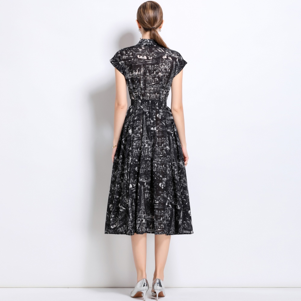 Summer with belt long dress short sleeve printing shirt
