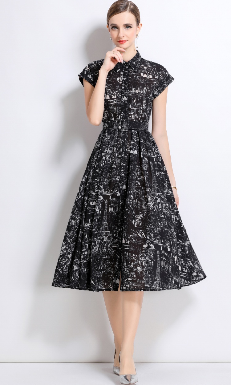 Summer with belt long dress short sleeve printing shirt