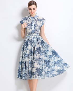 With belt short sleeve shirt printing summer long dress