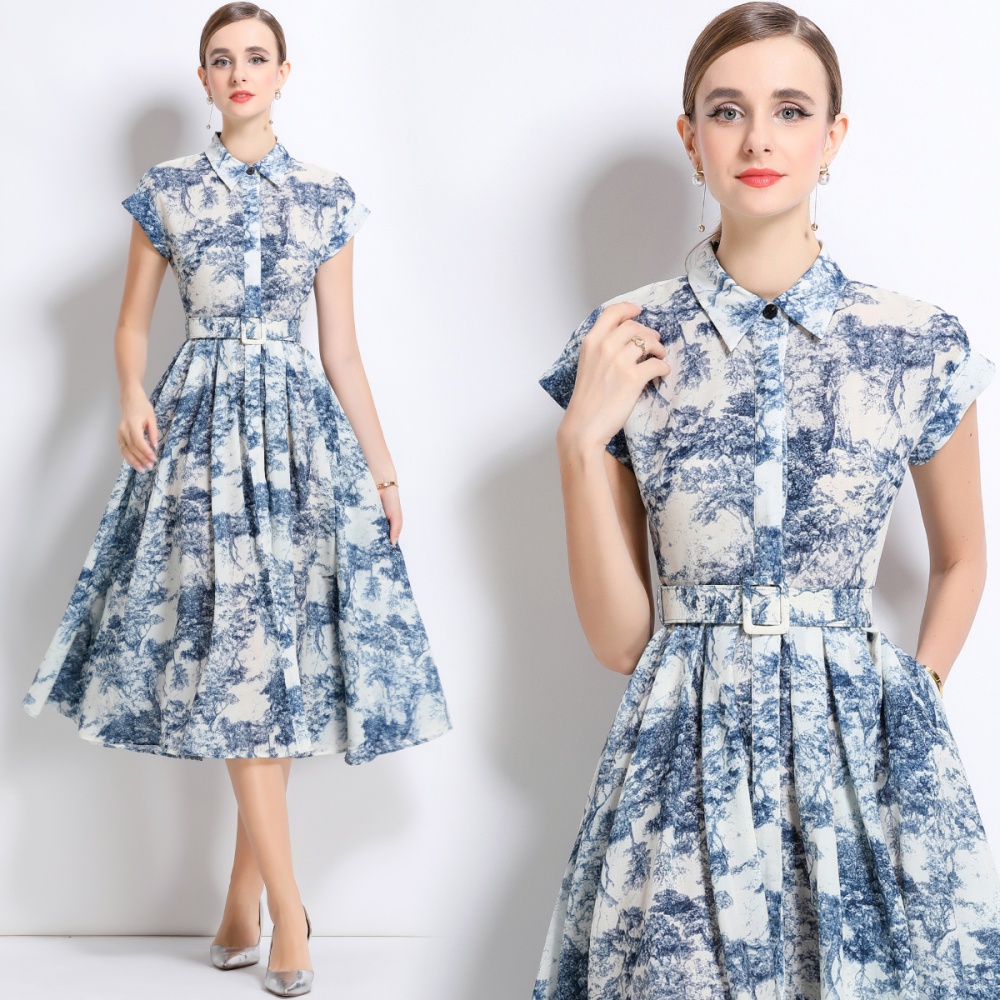 With belt short sleeve shirt printing summer long dress