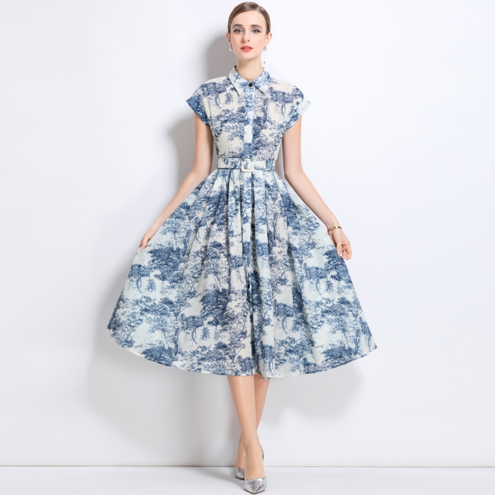 With belt short sleeve shirt printing summer long dress