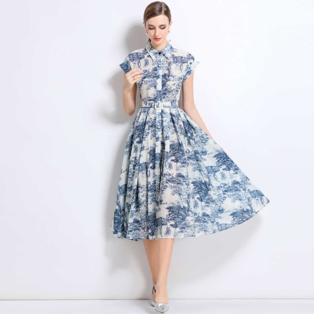 With belt short sleeve shirt printing summer long dress