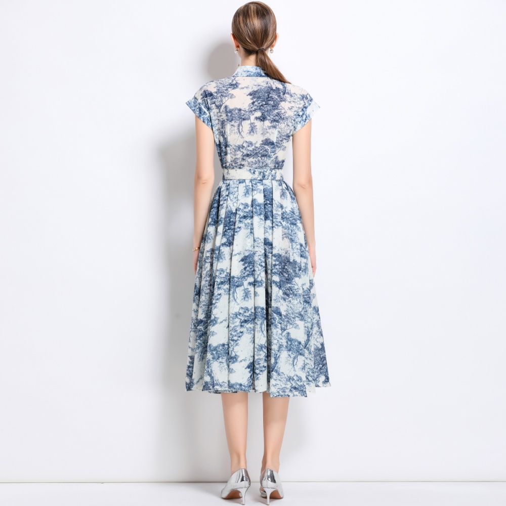 With belt short sleeve shirt printing summer long dress
