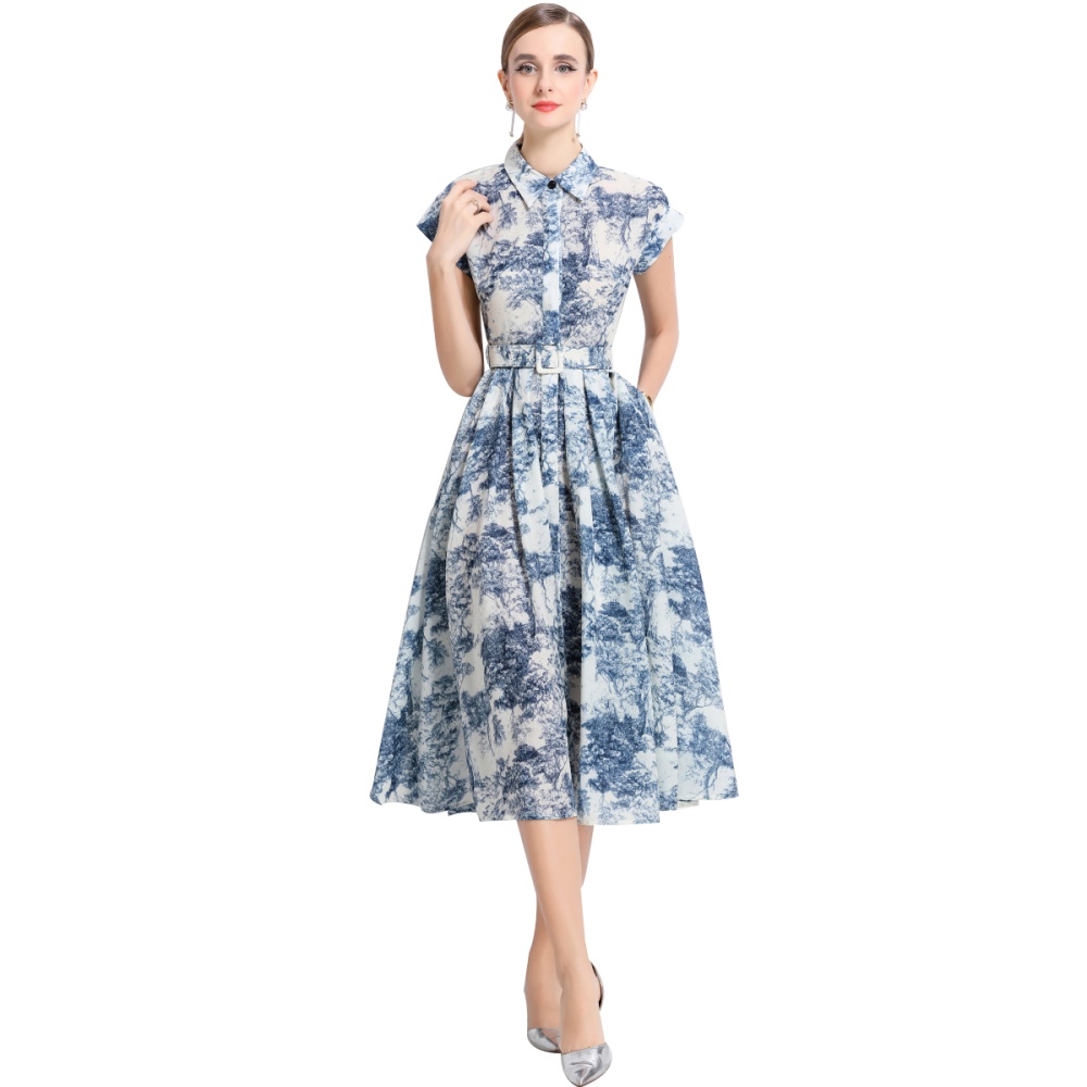 With belt short sleeve shirt printing summer long dress