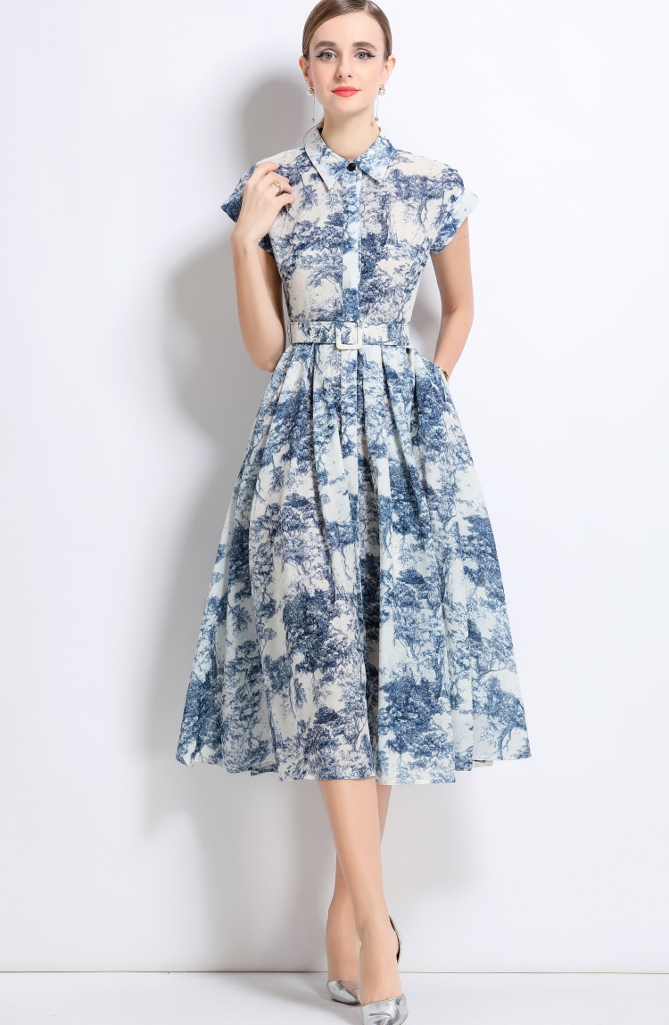 With belt short sleeve shirt printing summer long dress