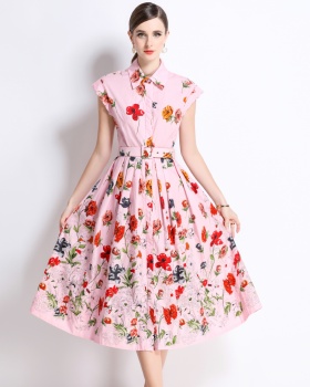 Short sleeve printing dress summer with belt shirt