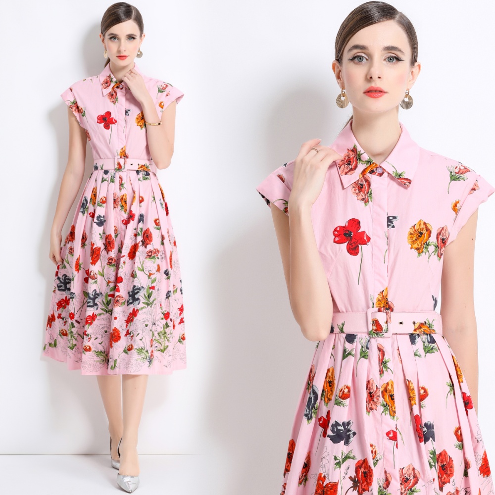 Short sleeve printing dress summer with belt shirt