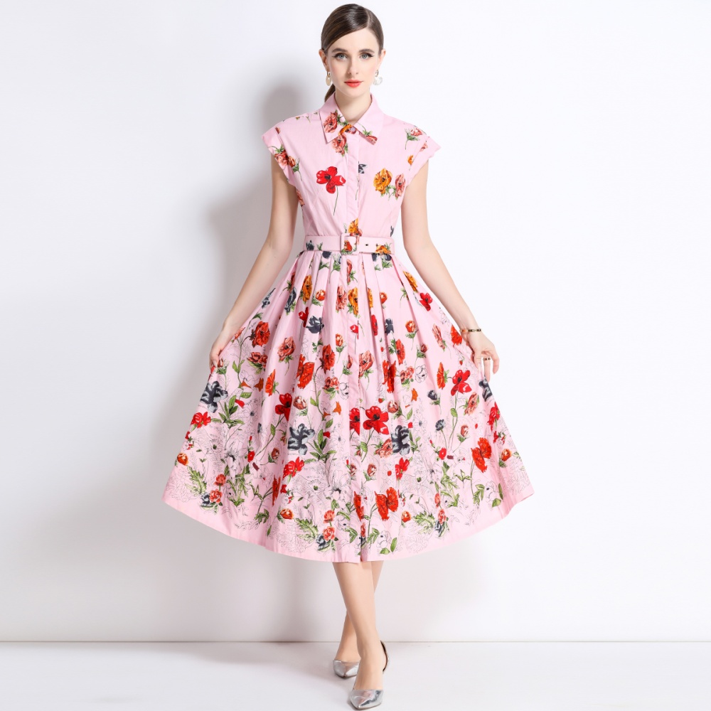 Short sleeve printing dress summer with belt shirt