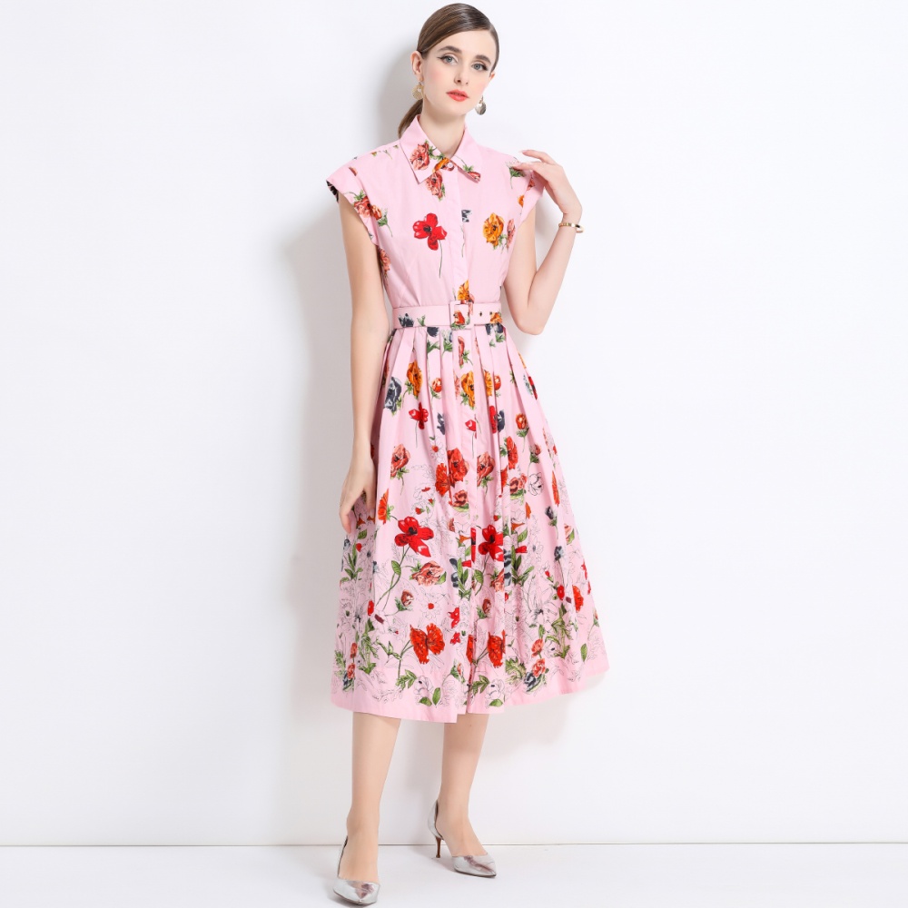 Short sleeve printing dress summer with belt shirt