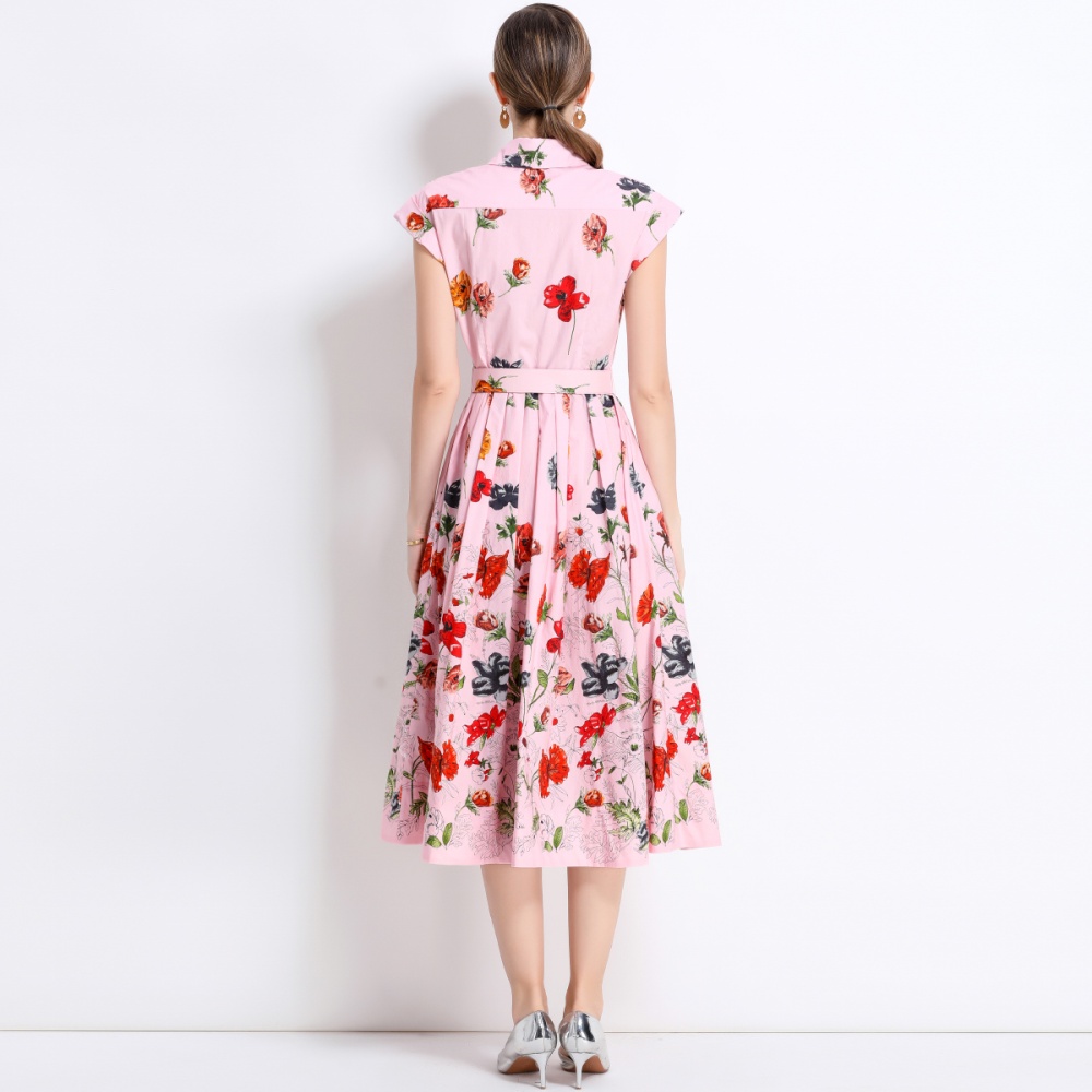 Short sleeve printing dress summer with belt shirt