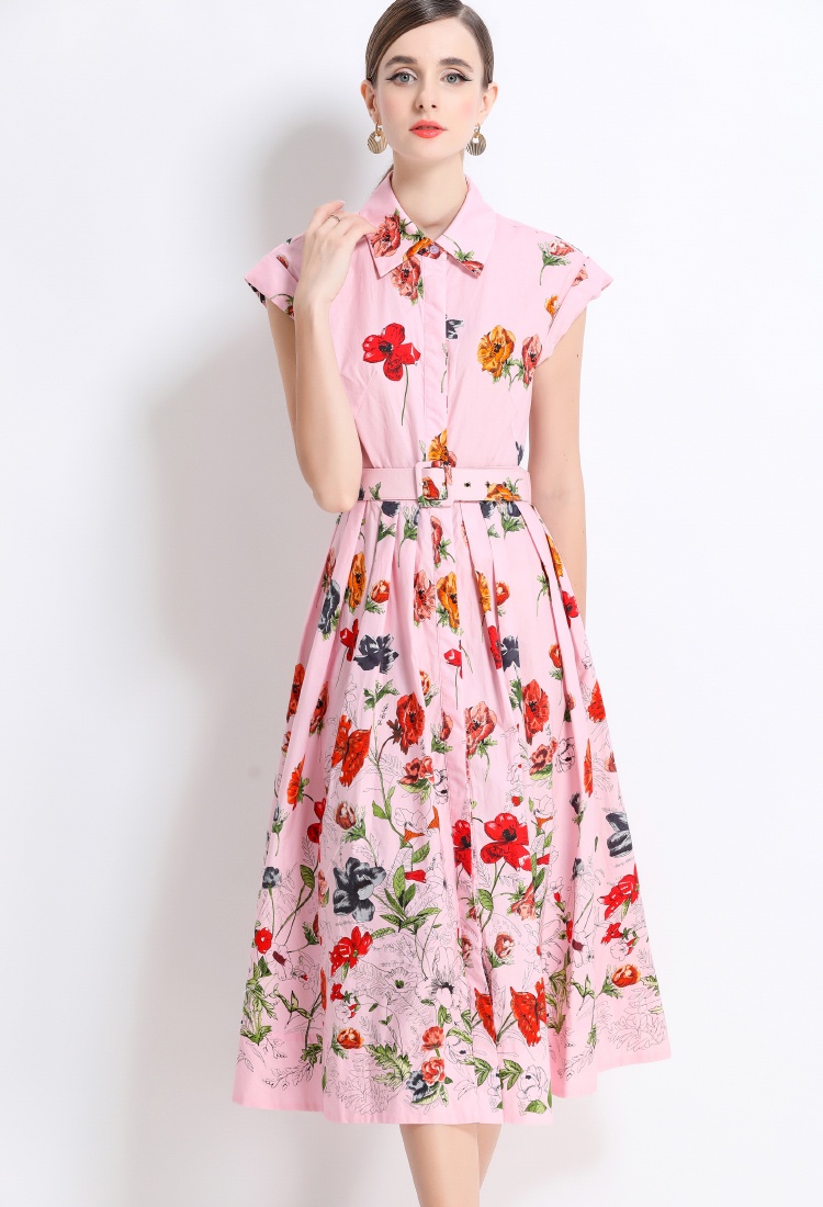 Short sleeve printing dress summer with belt shirt