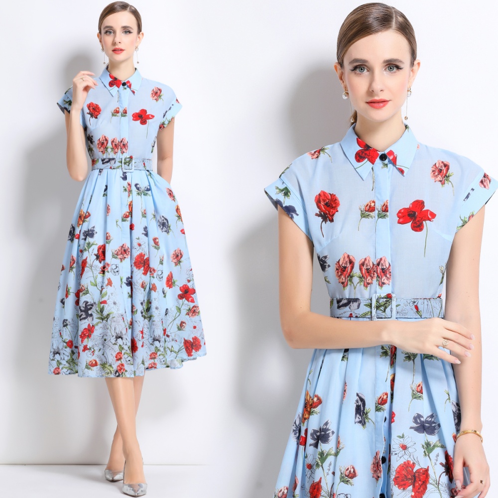 Printing with belt shirt summer short sleeve long dress