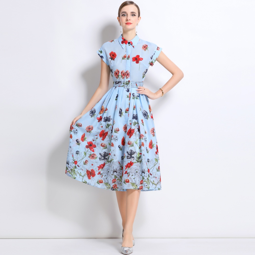 Printing with belt shirt summer short sleeve long dress