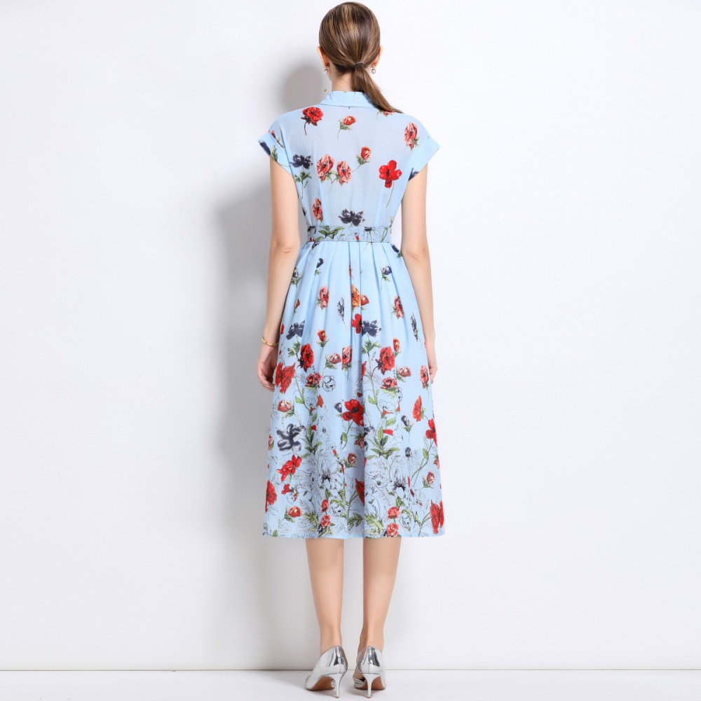 Printing with belt shirt summer short sleeve long dress