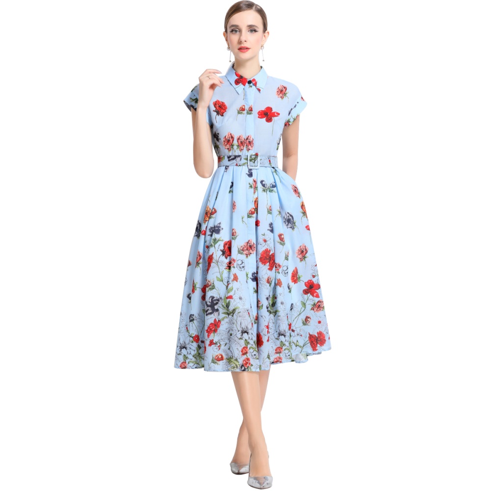 Printing with belt shirt summer short sleeve long dress