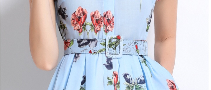 Printing with belt shirt summer short sleeve long dress