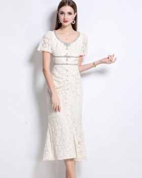 Lace mermaid with bow short sleeve beige slim dress