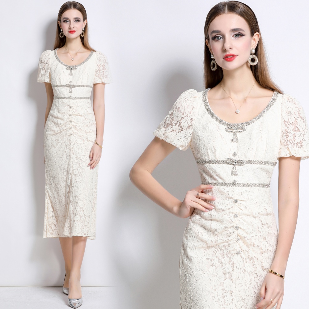 Lace mermaid with bow short sleeve beige slim dress