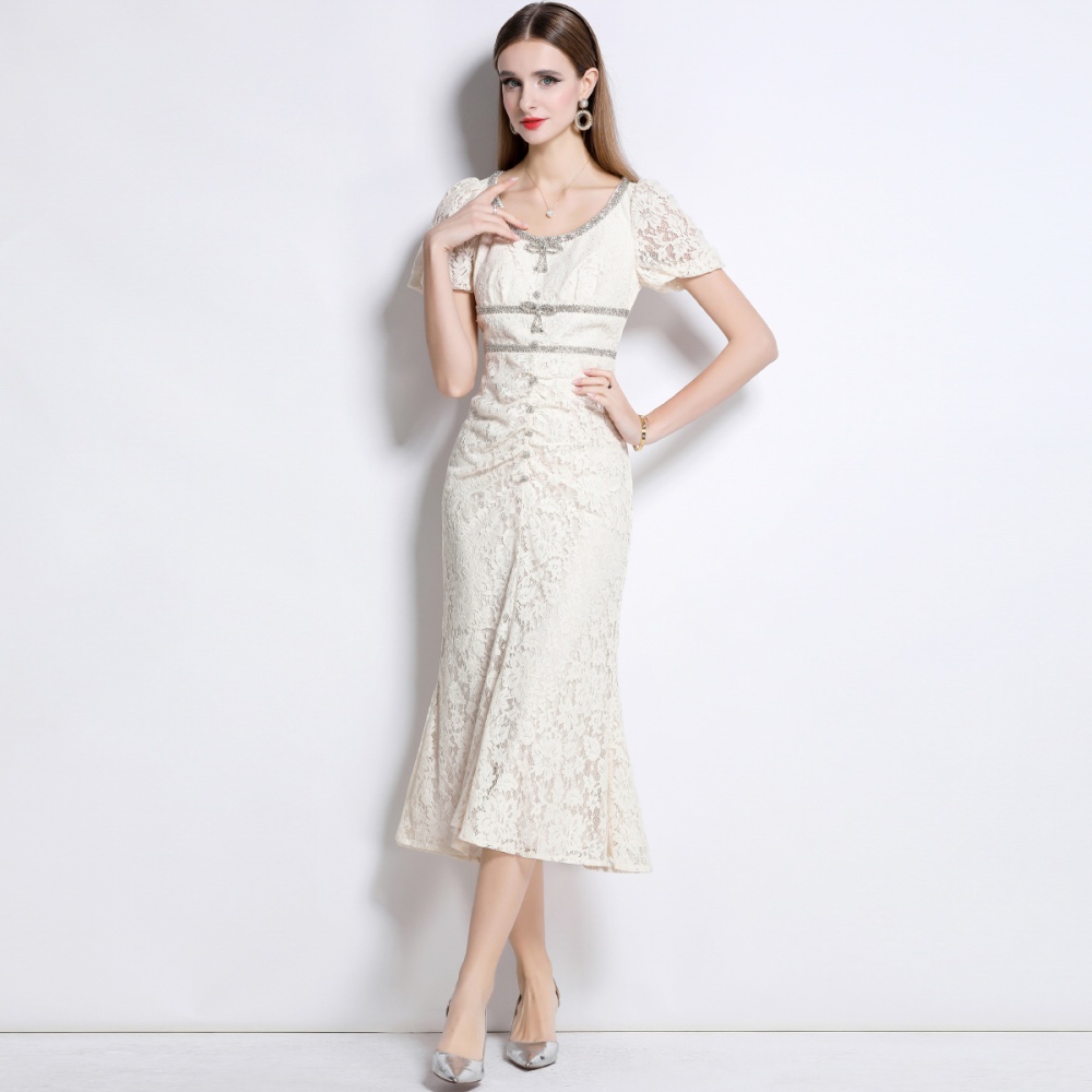 Lace mermaid with bow short sleeve beige slim dress