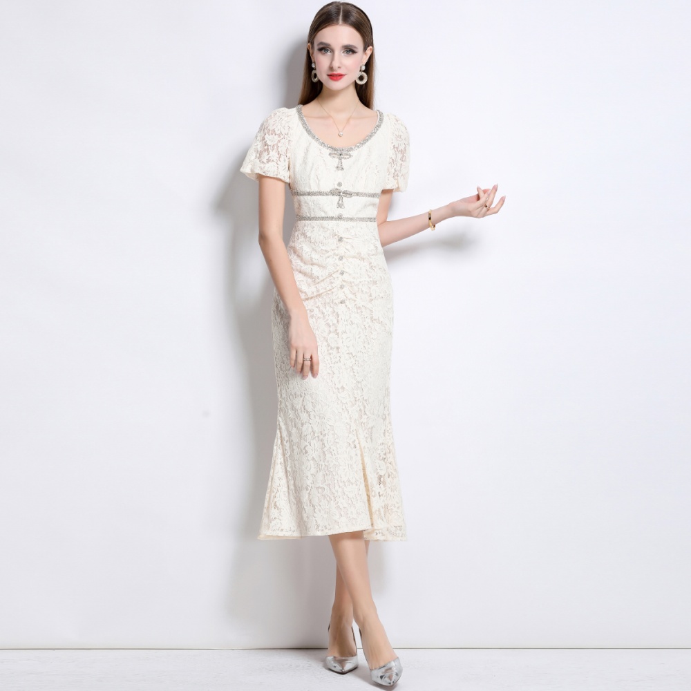 Lace mermaid with bow short sleeve beige slim dress