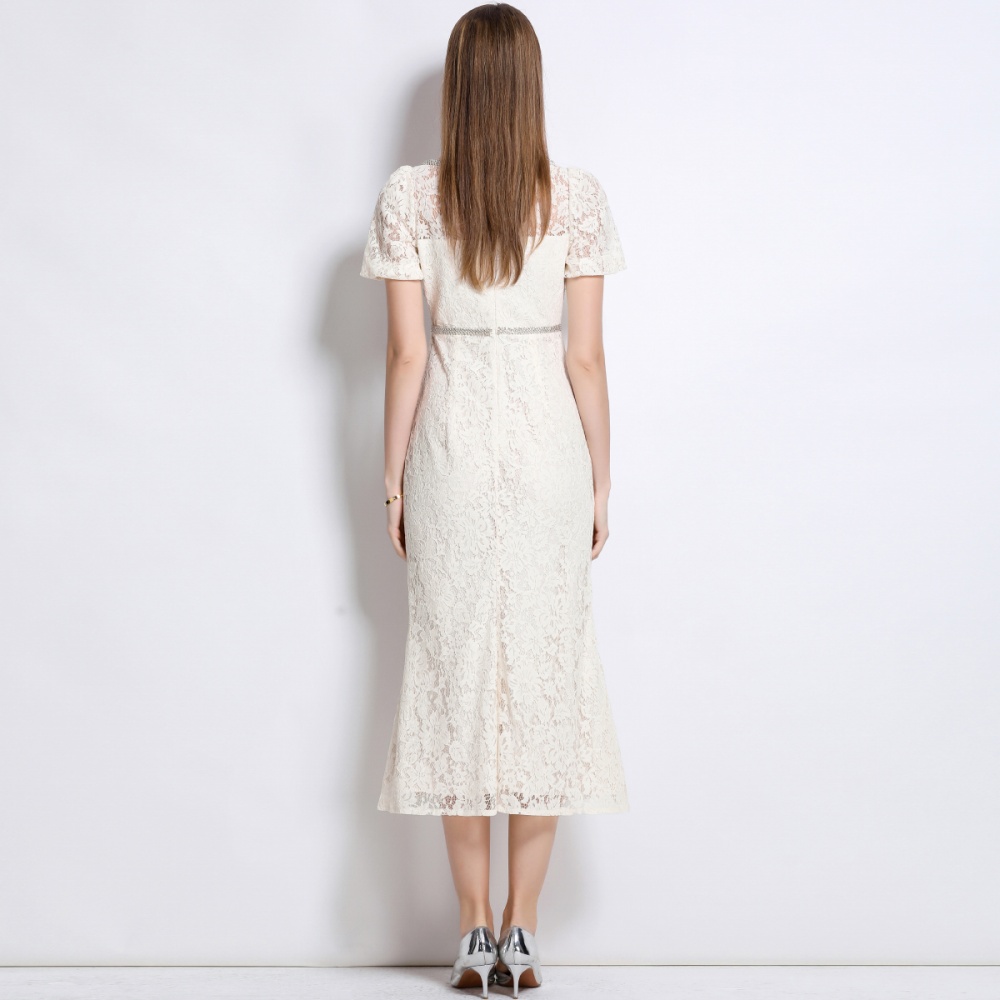 Lace mermaid with bow short sleeve beige slim dress