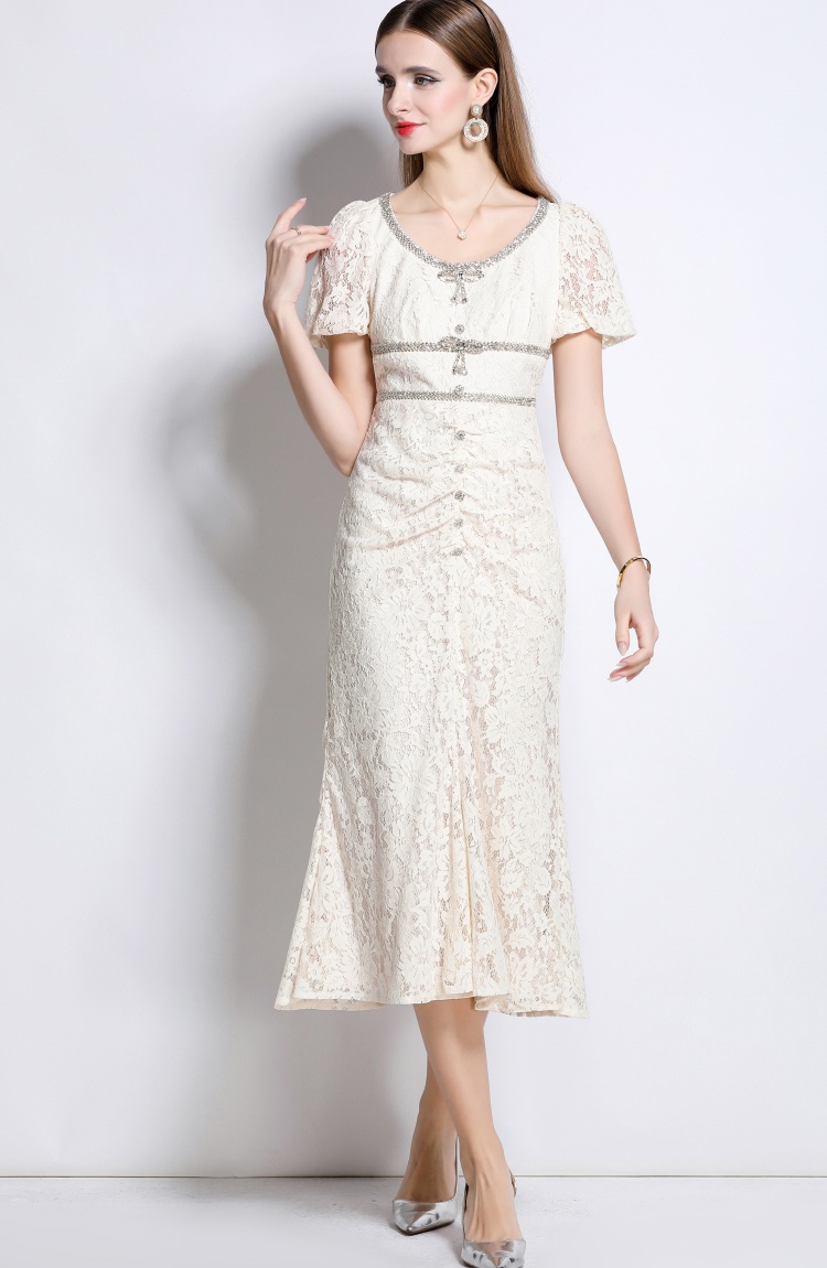 Lace mermaid with bow short sleeve beige slim dress