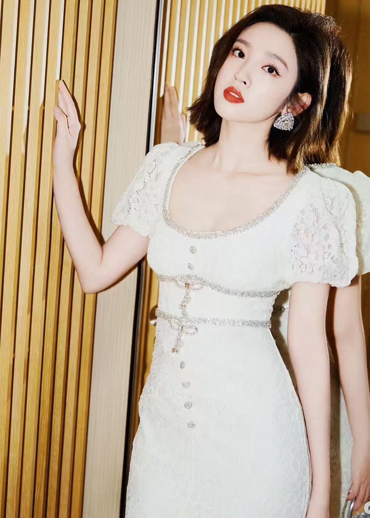 Lace mermaid with bow short sleeve beige slim dress