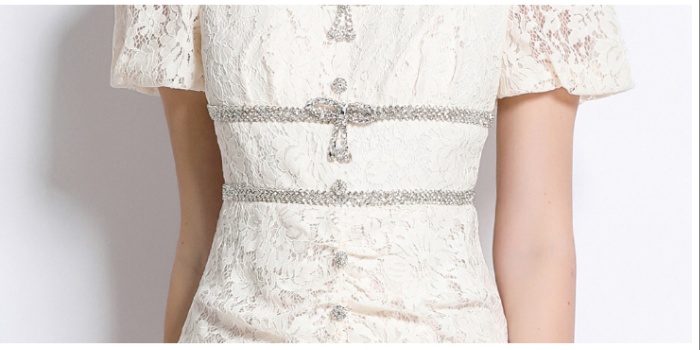 Lace mermaid with bow short sleeve beige slim dress