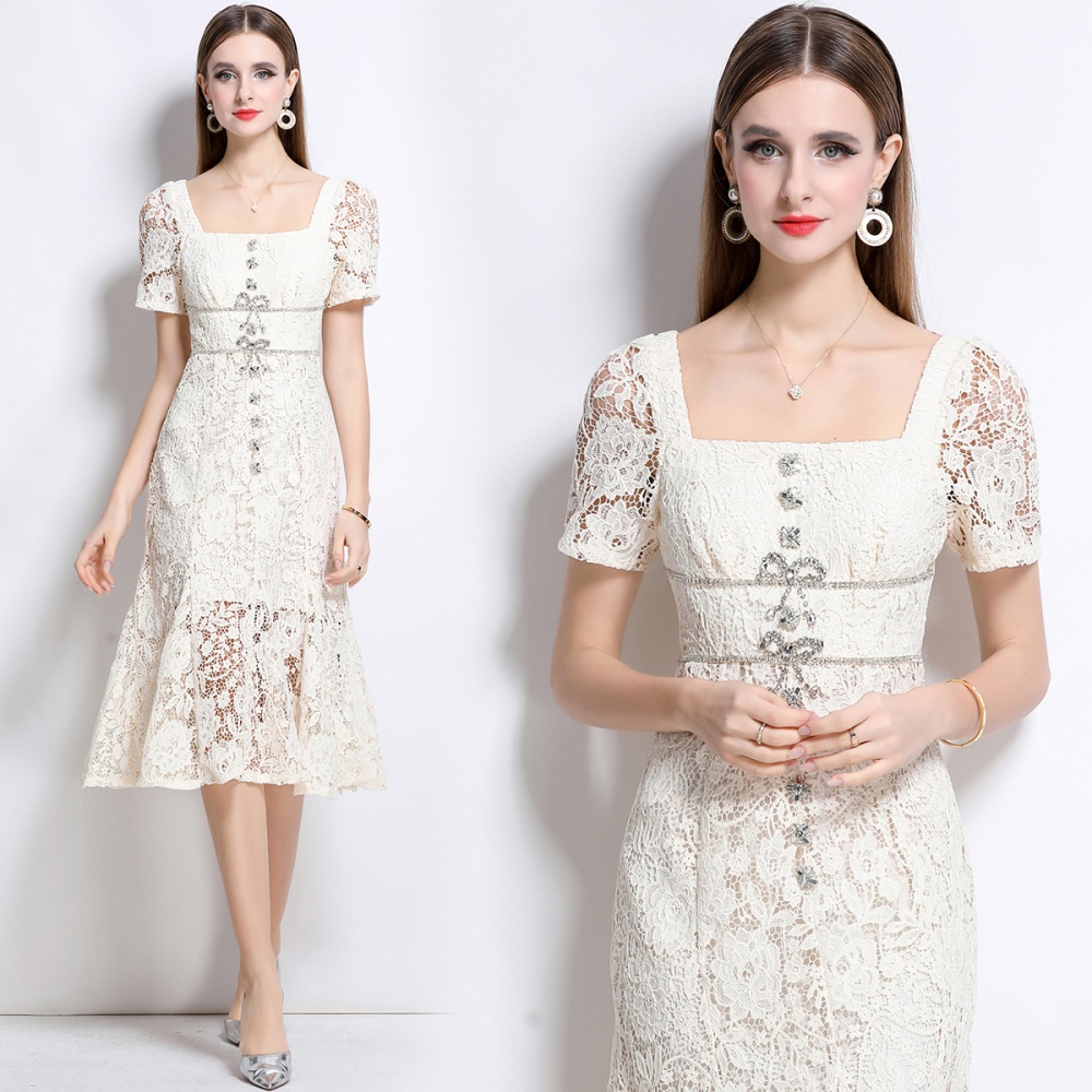 Beige mermaid lace square collar slim with bow dress