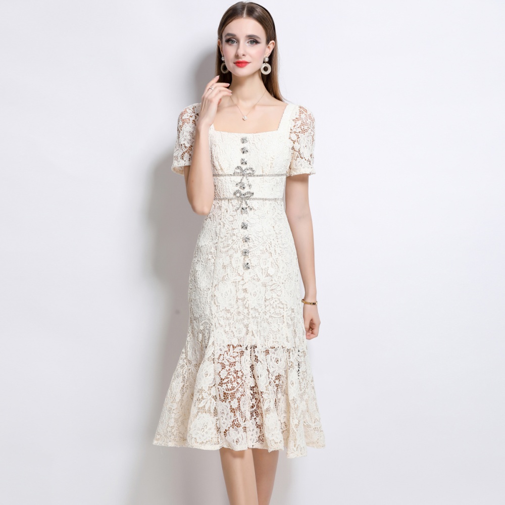 Beige mermaid lace square collar slim with bow dress