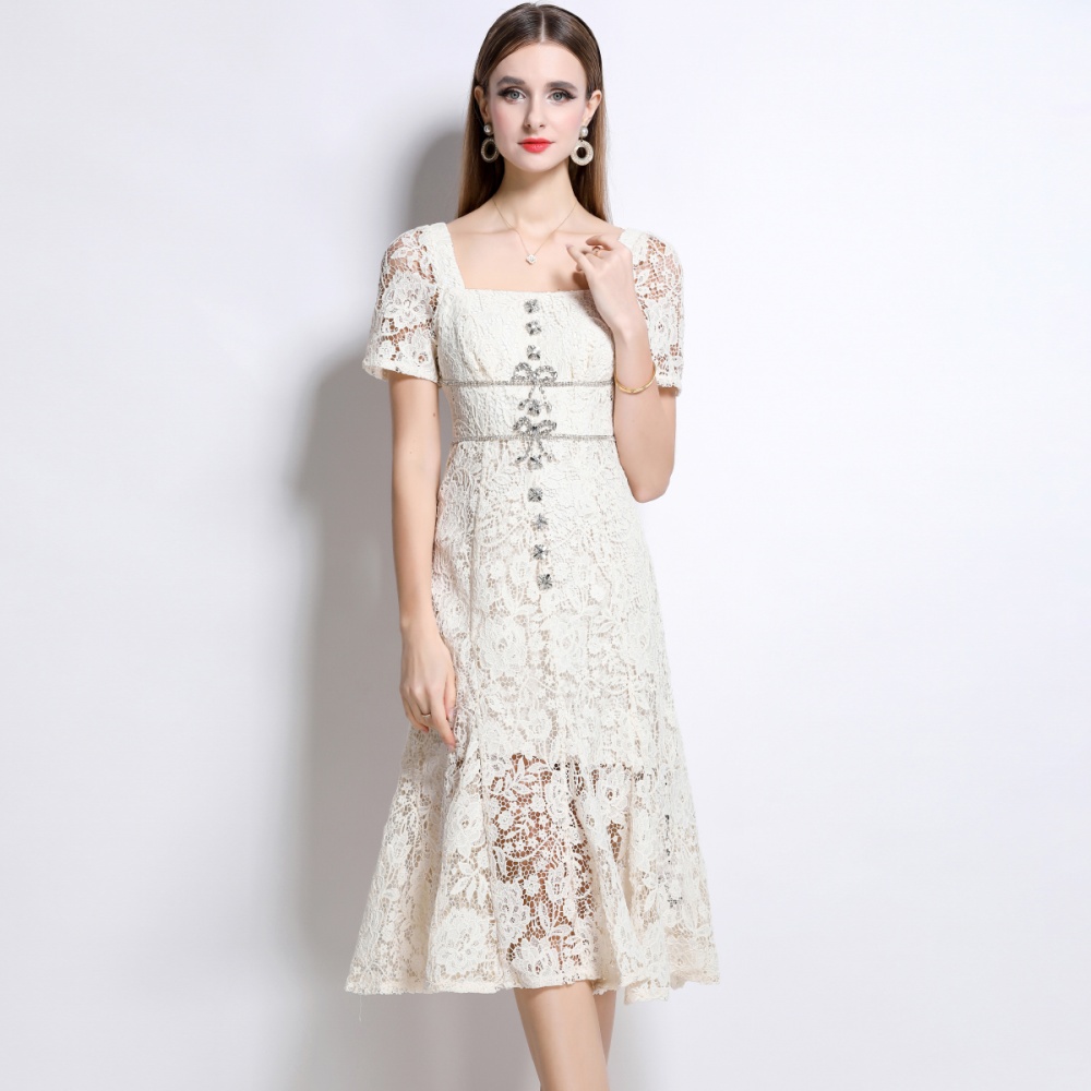 Beige mermaid lace square collar slim with bow dress