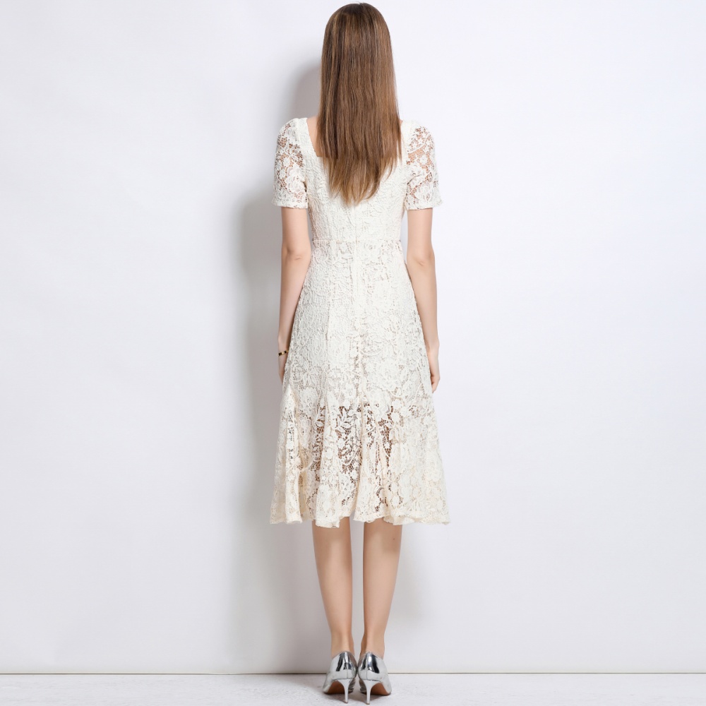 Beige mermaid lace square collar slim with bow dress