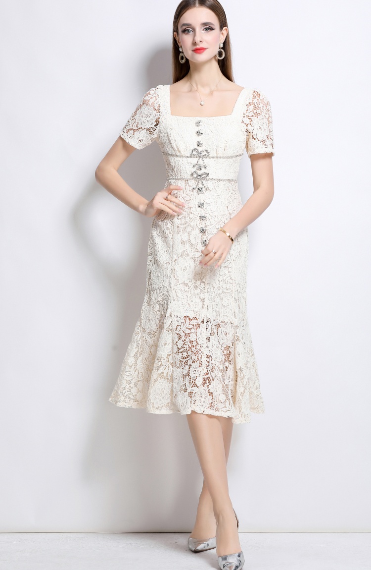 Beige mermaid lace square collar slim with bow dress
