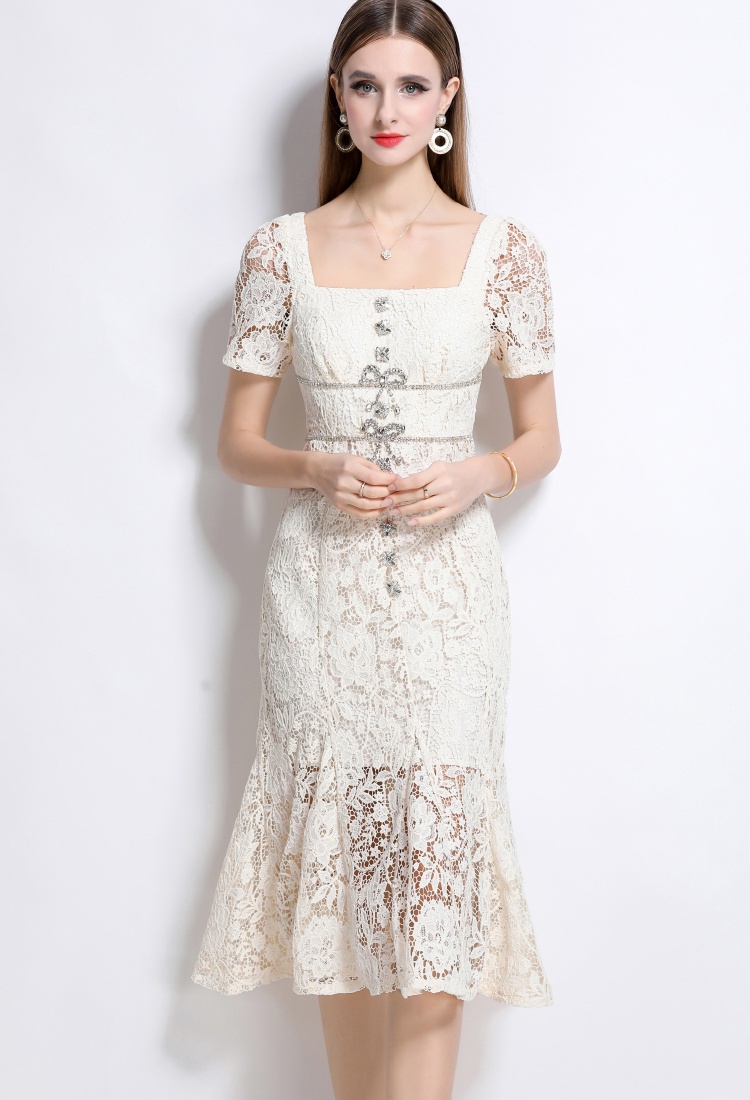 Beige mermaid lace square collar slim with bow dress