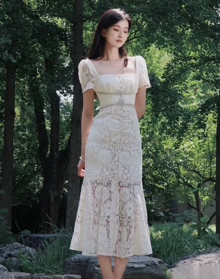 Beige mermaid lace square collar slim with bow dress