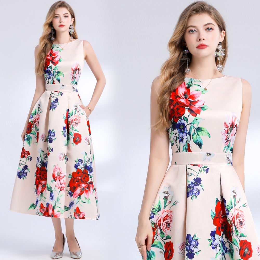 High waist stereoscopic sleeveless clipping A-line dress