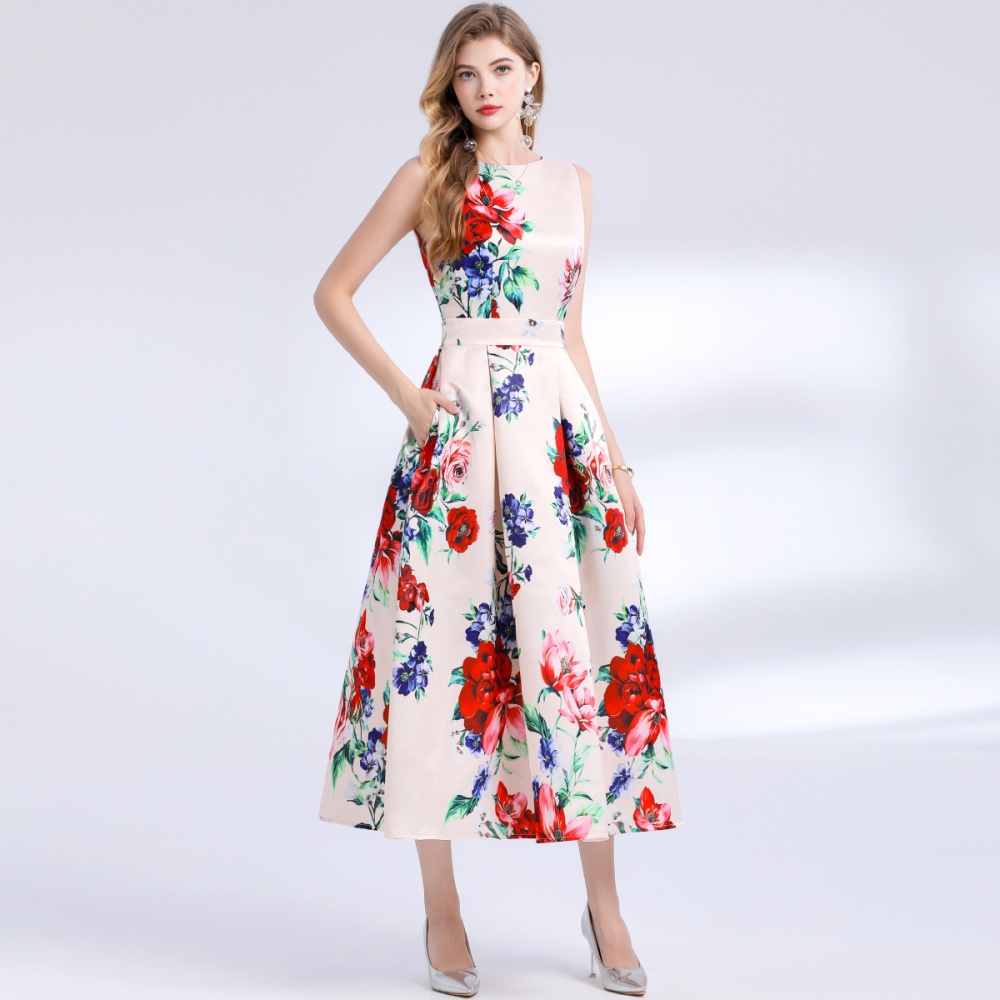 High waist stereoscopic sleeveless clipping A-line dress
