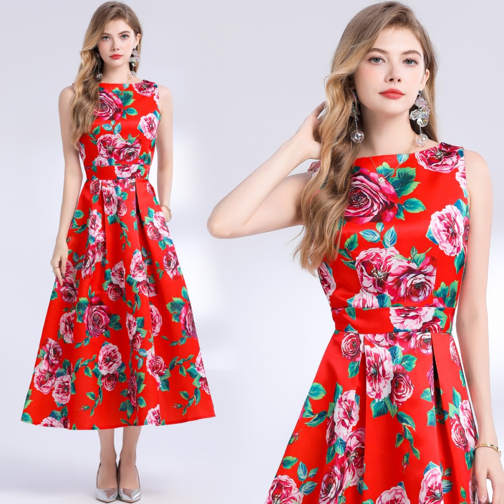 Stereoscopic sleeveless pinched waist A-line clipping dress