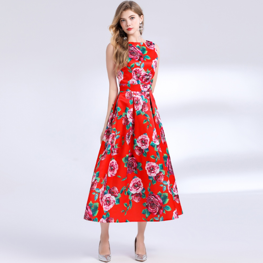 Stereoscopic sleeveless pinched waist A-line clipping dress