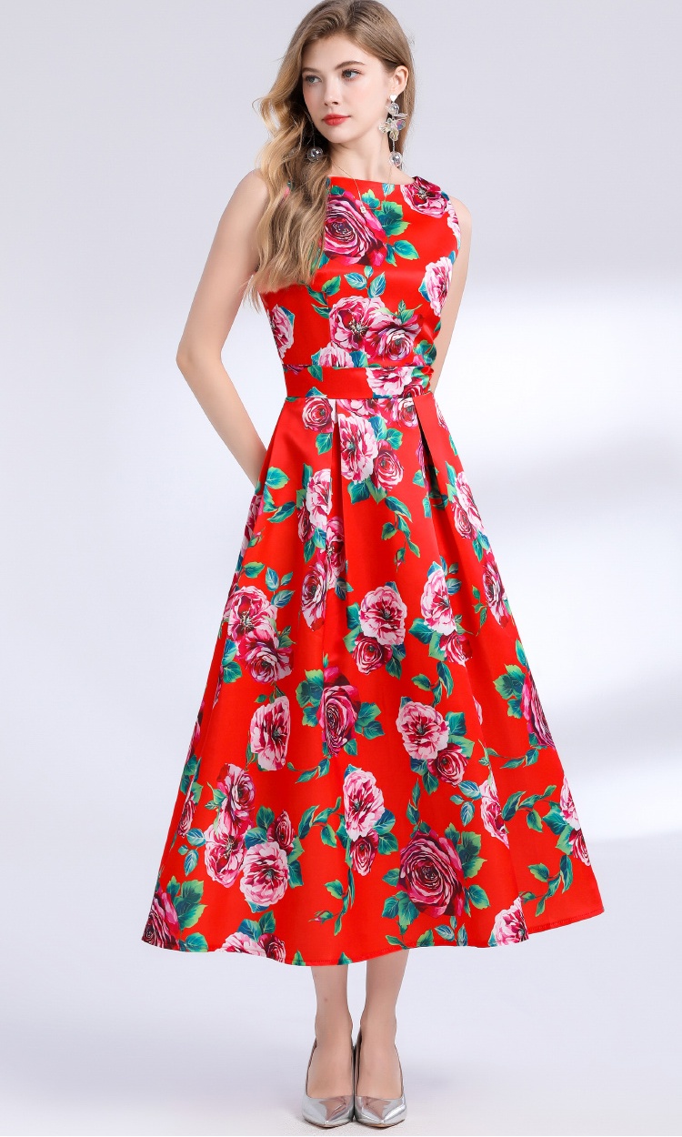 Stereoscopic sleeveless pinched waist A-line clipping dress