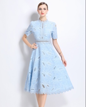 Short sleeve dress cstand collar long dress for women
