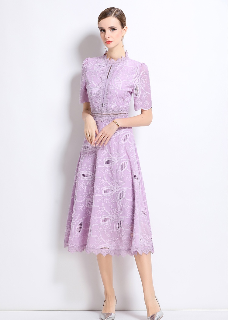 Hollow crochet dress pinched waist long dress for women