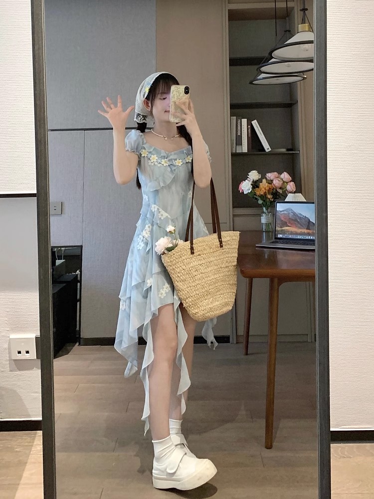 Irregular tender beautiful pinched waist vacation dress