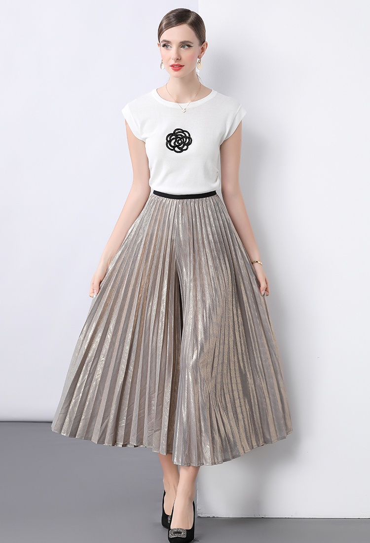 Knitted long skirt pleated tops a set