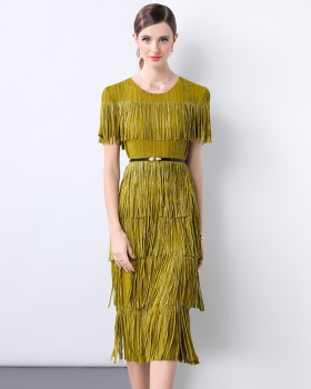 Short sleeve Pleats Please pinched waist tassels dress