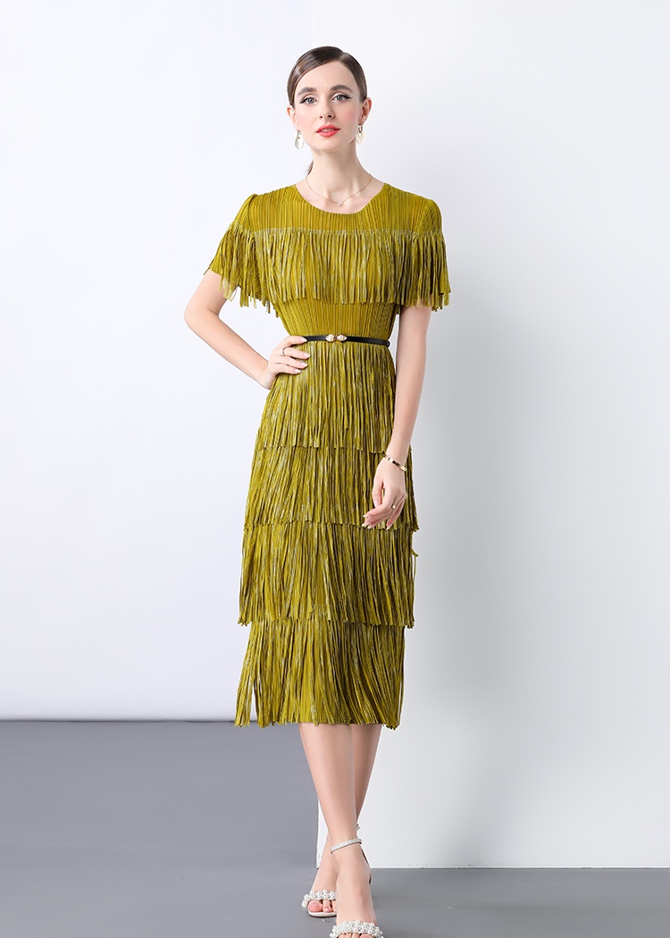Short sleeve Pleats Please pinched waist tassels dress