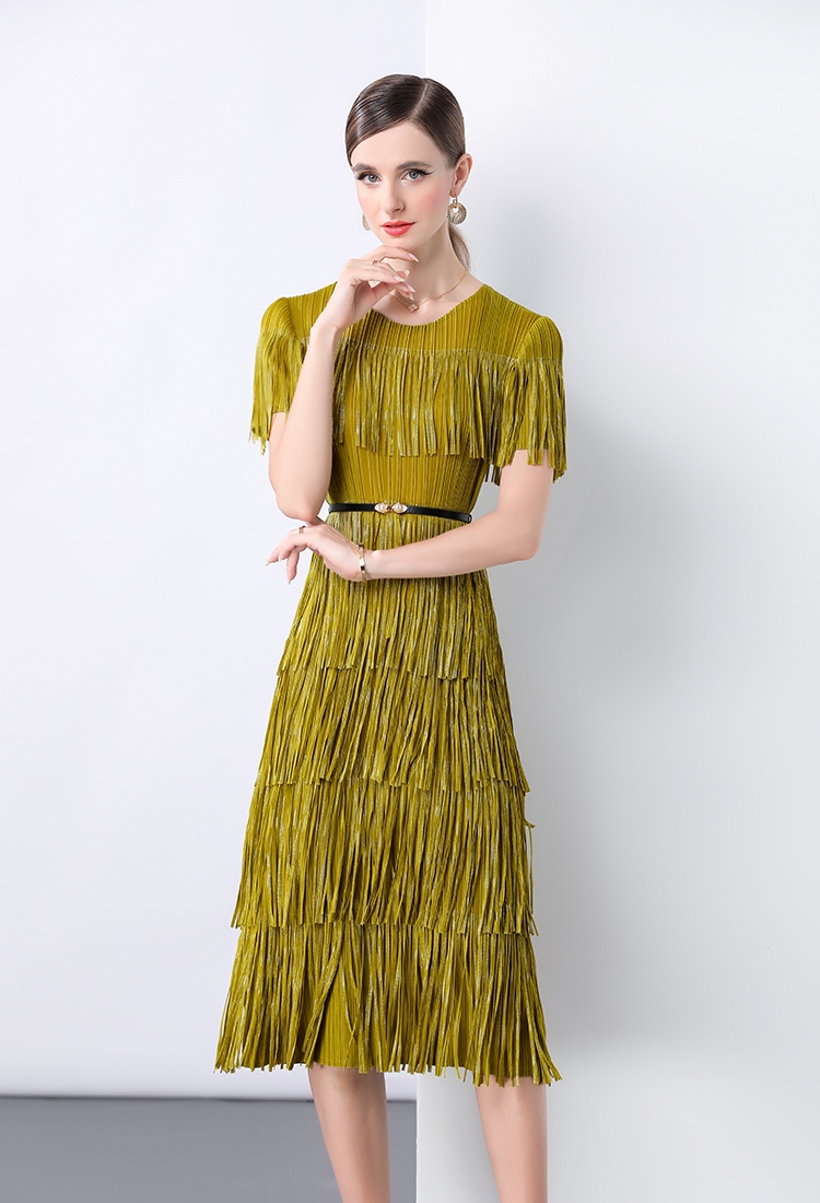 Short sleeve Pleats Please pinched waist tassels dress