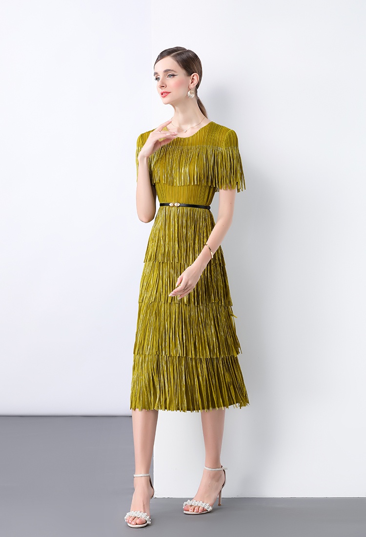Short sleeve Pleats Please pinched waist tassels dress