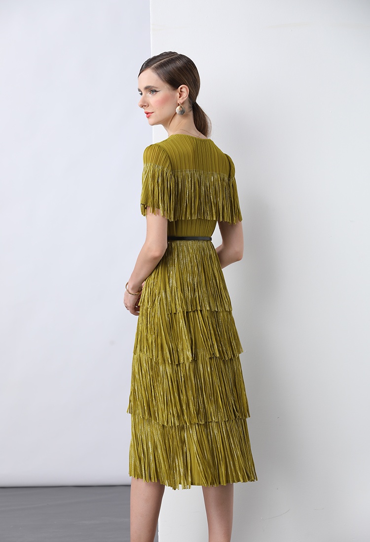 Short sleeve Pleats Please pinched waist tassels dress