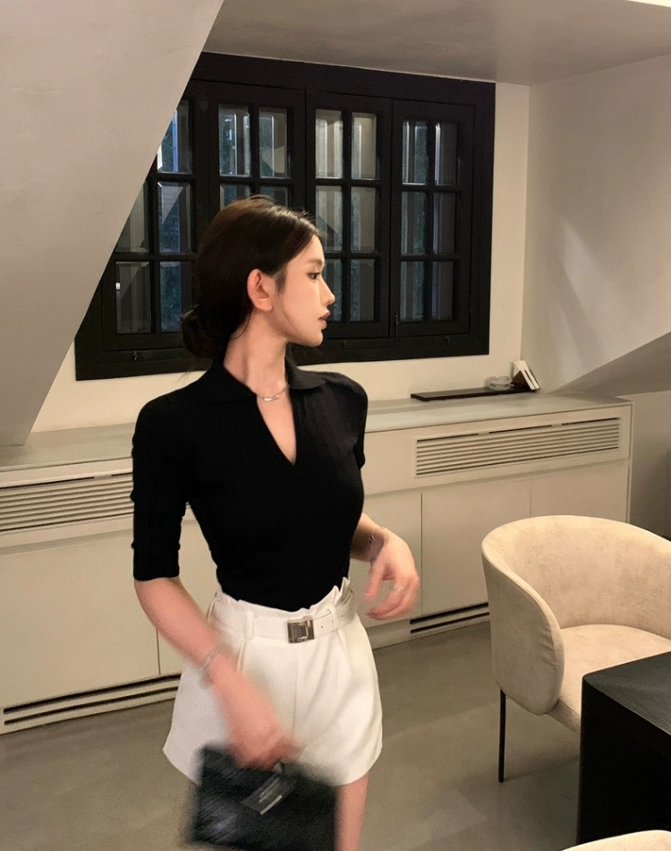 Thin ladies V-neck wears outside France style lapel sweater